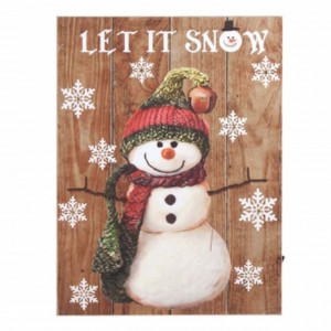 Tablou canvas decorativ Pufo cu leduri, model Happy Snowman, 40 x 30 cm