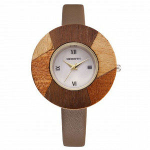Ceas elegant de dama Rebirth, cadran lemn, model deosebit, bej