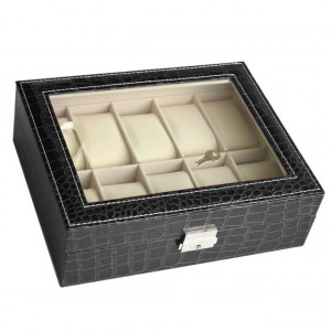 Cutie caseta eleganta depozitare cu compartimente pentru 10 ceasuri, imprimeu crocodil, model Premium cu cheita, negru, Pufo