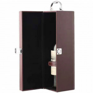 Cutie caseta eleganta pentru sticla, cu maner si set de 4 accesorii pentru vin incluse, model clasic, maro, Pufo