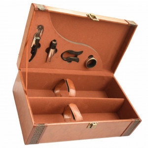 Cutie eleganta cu 2 compartimente pentru sticle de vin, model Pufo Elite cu maner si 4 accesorii incluse, maro