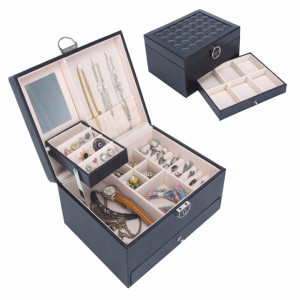 Cutie eleganta de dama Pufo Glamour pentru depozitare si organizare bijuterii si accesorii, model etajat, negru