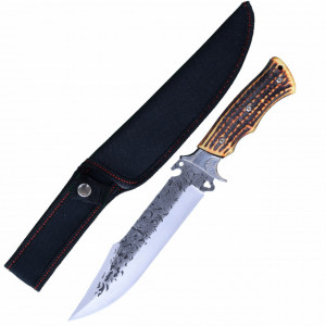 Cutit de vanatoare 32 cm, lama gravata, maner ergonomic imitatie corn cerb, teaca inclusa