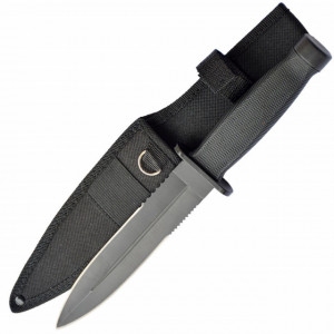 Cutit tactic 28.5 cm cu lama dubla si varf ascutit, maner ergonomic, teaca inclusa, model Premium, negru