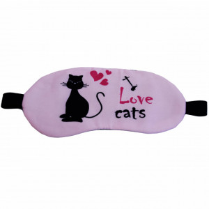 Masca pentru dormit sau calatorie, cu gel detasabil, Pufo Cat lover, 20 cm, roz pal