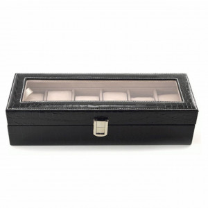 Oferta! Caseta eleganta depozitare cu compartimente pentru 6 ceasuri, imprimeu crocodil negru + 6 ceasuri barbatesti