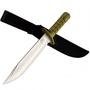 Pachet cutit baioneta 33 cm cu maner ergonomic din ABS texturat, teaca din material textil + prastie metalica de buzunar cu cauciuc natural, latex, rezistent
