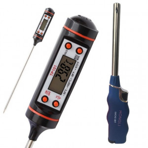 Pachet termometru digital cu sonda pentru bucatarie, lichide, alimente, lactate, prajituri, ceara, etc. -50° C - +300° C + Aprinzator reglabil si reincarcabil pentru aragaz tip bricheta, albastru