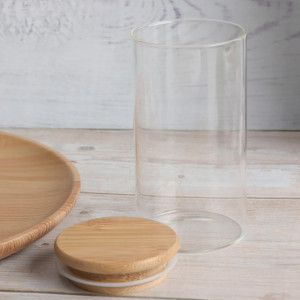 Recipient din sticla borosilicata Pufo Flavour pentru zahar, cafea, ceai sau condimente, cu capac ermetic din bambus, 750 ml