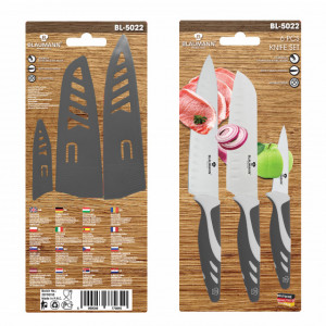 Set 3 cutite de bucatarie Blaumann cu lama din otel inoxidabil + 3 protectii lama, BL-5022, gri