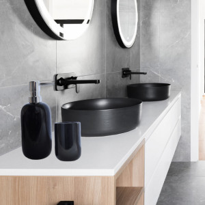 Set dispenser Pufo Exclusive pentru sapun lichid si suport periuta de dinti, 2 piese, ceramica, negru