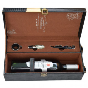 Cutie cadou tip cufar pentru vin, model Premium cu maner si accesorii incluse, negru