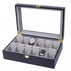 Cutie caseta din lemn pentru depozitare si organizare 12 ceasuri, model Pufo Premium, negru