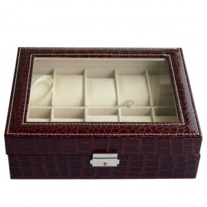 Cutie caseta eleganta depozitare cu compartimente pentru 10 ceasuri, imprimeu crocodil, model Premium cu cheita, visiniu, Pufo