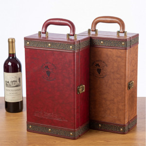 Cutie eleganta cu 2 compartimente pentru sticle de vin, model Pufo Elite cu maner si 4 accesorii incluse, maro