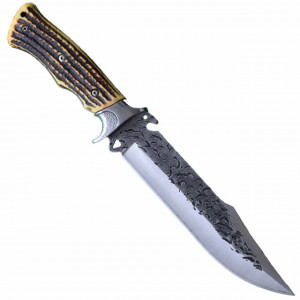 Cutit de vanatoare 32 cm, lama gravata, maner ergonomic imitatie corn cerb, teaca inclusa