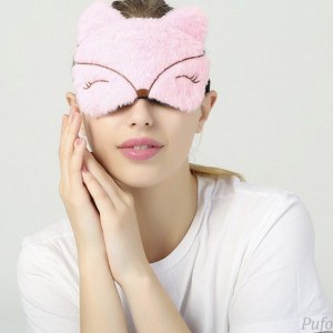 Masca pufoasa pentru dormit sau calatorie, cu gel detasabil, Pufo Foxxy, 20 cm, roz