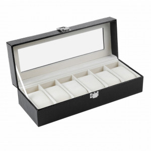 Oferta! Caseta eleganta depozitare cu compartimente pentru 6 ceasuri, imprimeu crocodil negru + 6 ceasuri barbatesti