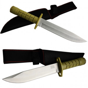 Pachet cutit baioneta 33 cm cu maner ergonomic din ABS texturat, teaca din material textil + prastie metalica de buzunar cu cauciuc natural, latex, rezistent