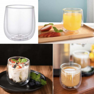 Set 2 pahare din sticla borosilicata cu pereti dubli Pufo pentru bauturi fierbinti, cafea, cappuccino, 340 ml, transparent