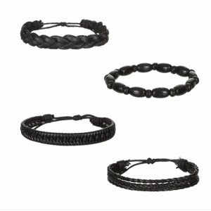 Set bratari impletite Pufo Clasic din piele, 4 bucati, negru