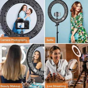 Set Lampa circulara LED Ring Light cu trepied, cu trepte de lumina reglabila, 360° si Trepied flexibil cu suport pentru telefon mobil sau aparat foto, Pufo