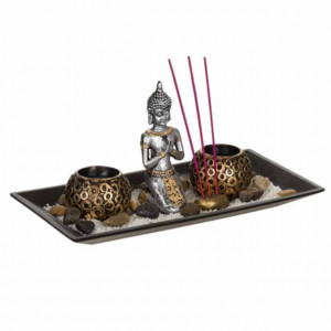 Set suport Pufo pentru bete parfumate si lumanare cu statueta Buddha