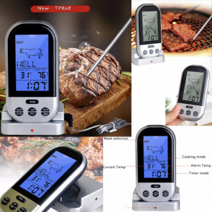 Termometru digital cu sonda Pufo, pentru bucatarie, alimente, carne, model Wireless, display Lcd, gri