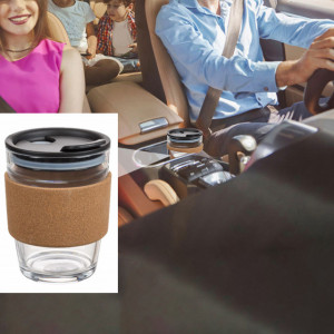 Cana de voiaj Pufo din sticla cu protectie termica de pluta pentru cafea sau ceai, 300 ml, transparent