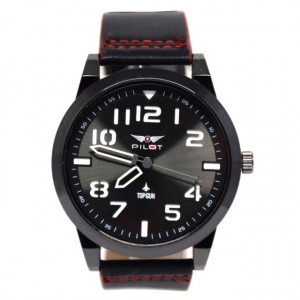 Ceas barbatesc PILOT negru, cusatura rosie + cutie CADOU