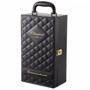 Cutie caseta eleganta cu 2 compartimente pentru sticle de vin, model Premium cu maner si 4 accesorii incluse, negru