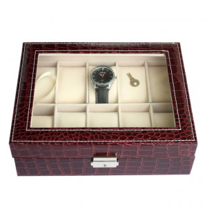 Cutie caseta eleganta depozitare cu compartimente pentru 10 ceasuri, imprimeu crocodil, model Premium cu cheita, visiniu, Pufo