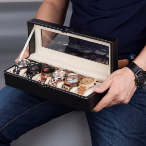 Cutie caseta eleganta depozitare cu compartimente pentru 6 ceasuri, negru