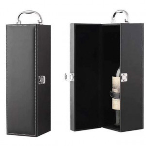 Cutie caseta eleganta pentru sticla, cu maner si set de 4 accesorii pentru vin incluse, model clasic, negru, Pufo