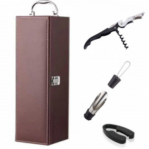 Cutie caseta eleganta pentru sticla, cu maner si set de 4 accesorii pentru vin incluse, model clasic, maro, Pufo