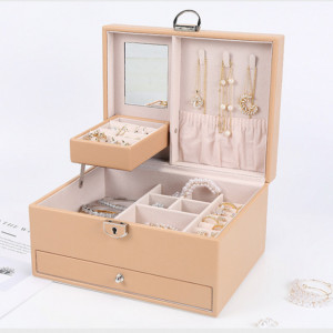 Cutie eleganta de dama Pufo Glamour pentru depozitare si organizare bijuterii si accesorii, model etajat, maro