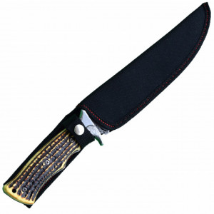 Cutit de vanatoare 32 cm, lama gravata, maner ergonomic imitatie corn cerb, teaca inclusa