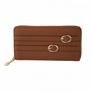 Pachet portofel elegant de dama cu fermoar, maro + ceas elegant de dama slim, model clasic, curea maro