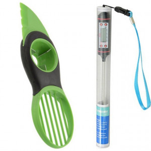 Pachet Termometru digital cu sonda pentru bucatarie, lichide, alimente, lactate, prajituri, ceara, etc. -50° C - +300° C + Cutit special Pufo 3 in 1 pentru curatat si feliat avocado
