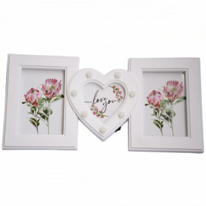 Rama foto decorativa Pufo Love pentru 3 fotografii cu LED, 40 x 20 cm, alba