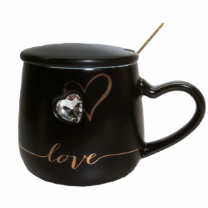 Cana cu capac din ceramica si lingurita Pufo Shiney Love pentru cafea sau ceai, 350 ml, negru