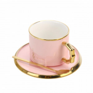 Cana din ceramica si lingurita Pufo Luxury pentru cafea sau ceai, 230 ml, roz