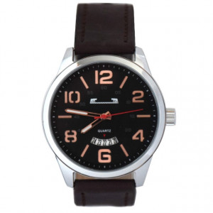 Ceas barbatesc MATTEO FERARI casual-elegant, design italian, afisare data, negru, cadran argintiu, curea maro