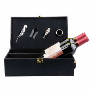 Cutie caseta eleganta cu 2 compartimente pentru sticle de vin, model Premium cu maner si 4 accesorii incluse, negru
