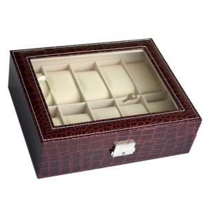 Cutie caseta eleganta depozitare cu compartimente pentru 10 ceasuri, imprimeu crocodil, model Premium cu cheita, visiniu, Pufo