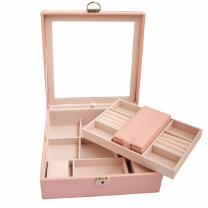 Cutie caseta eleganta Pufo Glamour cu oglinda pentru depozitare si organizare bijuterii, roz