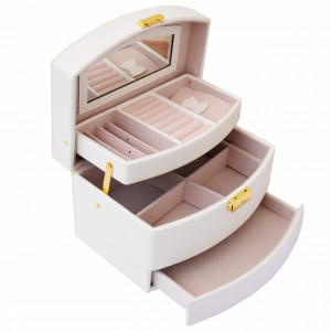 Cutie eleganta de dama Pufo Elegance pentru depozitare si organizare bijuterii si accesorii, model etajat, crem