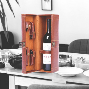 Geanta cadou tip cufar pentru vin, model Vintage cu maner si accesorii incluse