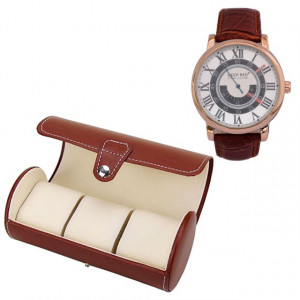 Pachet cutie caseta depozitare si transport din piele ecologica pentru 3 ceasuri + 1 ceas barbatesc elegant DEEP RED, cifre romane, curea maro, Pufo