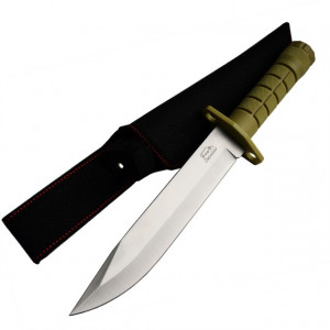 Pachet cutit baioneta 33 cm cu maner ergonomic din ABS texturat, teaca din material textil + prastie metalica de buzunar cu cauciuc natural, latex, rezistent